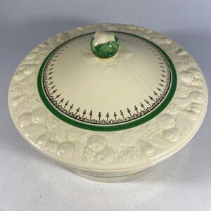 Vtg Pantry Bak-In Ware Crooksville Covered Casserole Embossed Fruit Design Gold